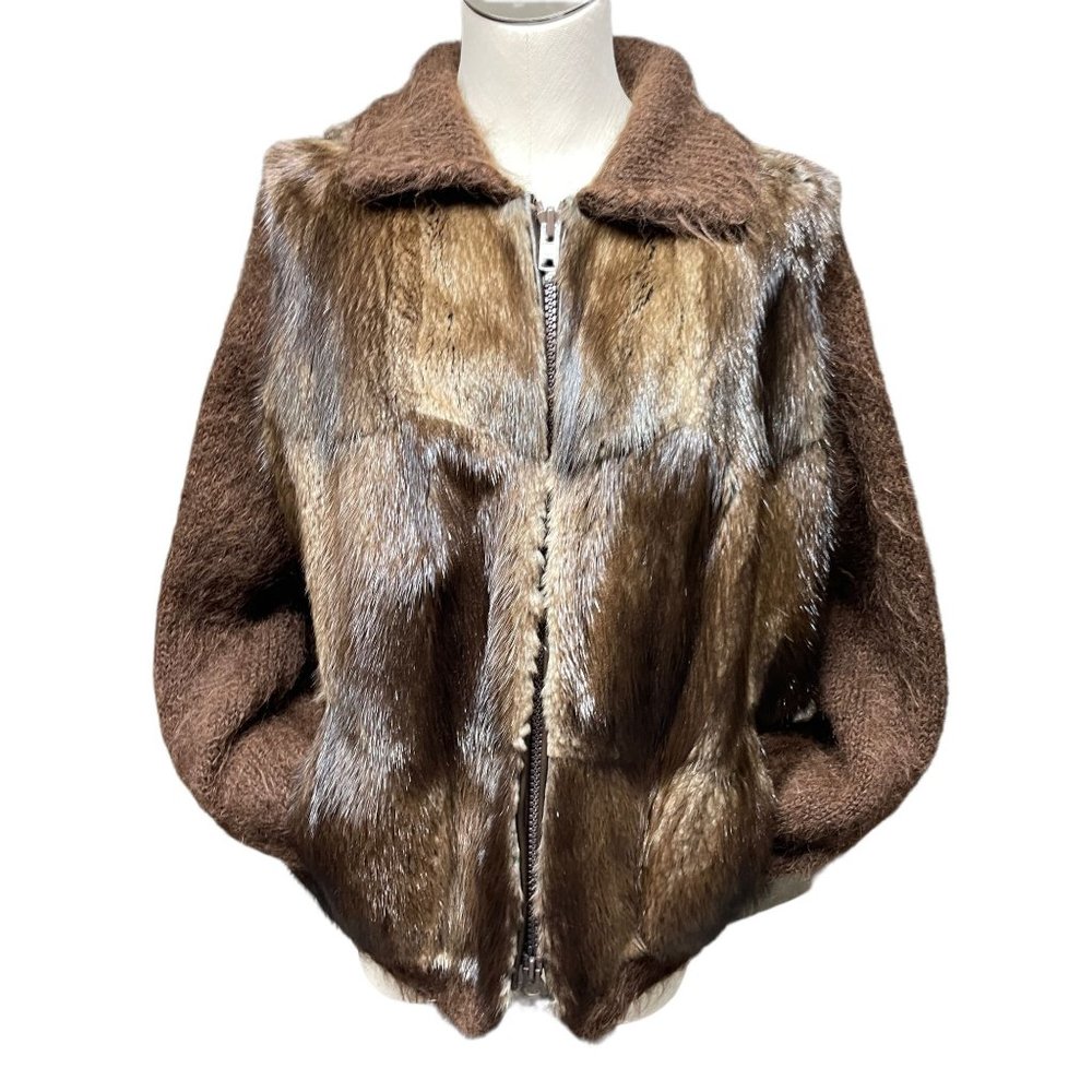 Vintage 70s Brown Muskrat Patchwork Jacket with Knit Collar & Bands L
